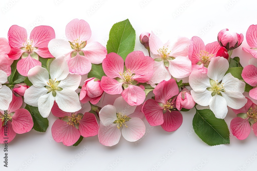 Naklejka premium Delicate pink and white apple blossoms arranged in a beautiful floral border on a white background, perfect for spring or feminine designs.