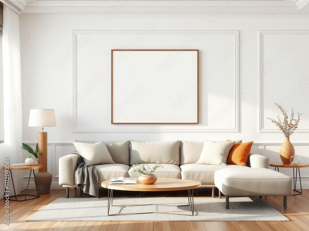 A realistic living room wall art mockup with a modern home background, contemporary, frame A realistic living room wall art mockup with a modern home background, contemporary, frame