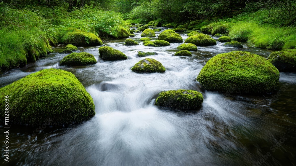 A peaceful mountain stream with moss-covered boulders, flowing gently through a green forest, soft sunlight illuminating the water, stream boulders mossy A peaceful mountain stream with moss-covered boulders, flowing gently through a green forest, soft sunlight illuminating the water, stream boulders mossy