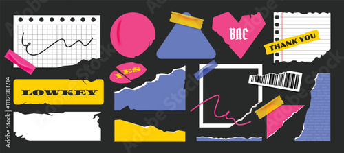 Tape paper torn wrinkles notebook, stickers, tags, labels template. Y2k gen z and millenials slang quotes