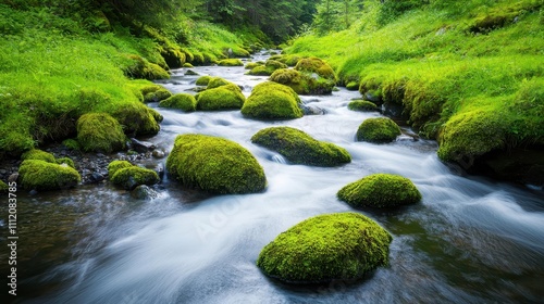 A peaceful mountain stream with moss-covered boulders, flowing gently through a green forest, soft sunlight illuminating the water, stream boulders mossy
