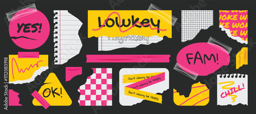 Tape paper torn wrinkles notebook, stickers, tags, labels template. Y2k gen z and millenials slang quotes