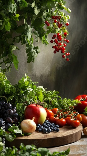 background with podium slightly to the right for quercetin with following decoration: Apples, Currants, Blackberries , Blueberriess, Fennel, nuts, Citrus fruits, Tomatoes, Cabbage, Pepper, photo