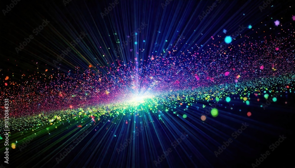 Obraz premium 光と色彩の爆発が、輝く点と躍動感あふれる光線の宇宙に広がります。この画像は、エネルギー、創造性、驚異を表現し、イノベーション、ファンタジー、ダイナミズムの概念を象徴するのに最適です。