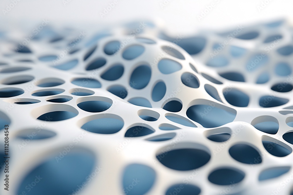 An abstract surface featuring blue and white shapes with varying depths and perforations, creating a textured, organic appearance. An abstract surface featuring blue and white shapes with varying depths and perforations, creating a textured, organic appearance.