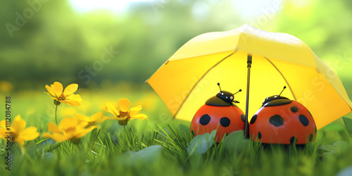 Two Ladybugs Sheltering Under Yellow Umbrella in Spring Meadow