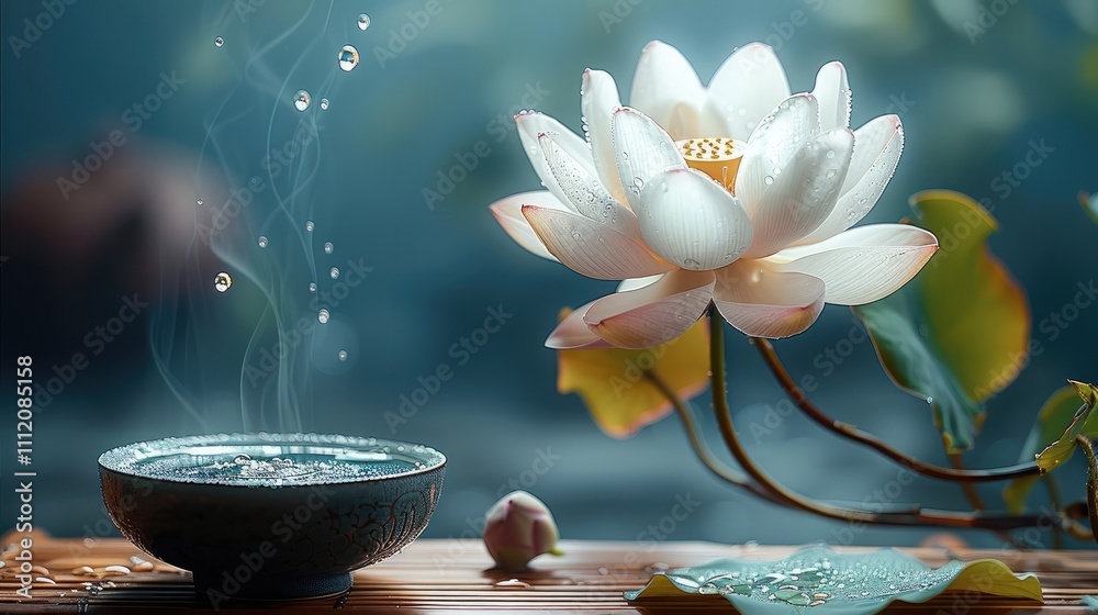 An unopened white lotus branch extends into the picture from the side, with dewdrops on top. Next to it is an exquisite tea table. An unopened white lotus branch extends into the picture from the side, with dewdrops on top. Next to it is an exquisite tea table.