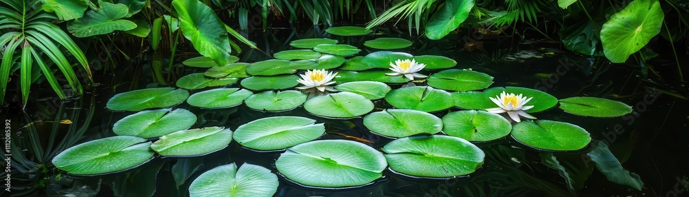 Overgrown pond with layers of lilypads, surrounded by dense tropical plants and greenery, creating a natural, untouched paradise, pond lilypads greenery Overgrown pond with layers of lilypads, surrounded by dense tropical plants and greenery, creating a natural, untouched paradise, pond lilypads greenery