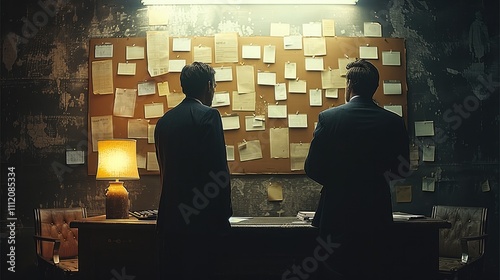 Rear view. two guys in a fine suit, arguing, desk in front and cork board on the wall with many pinned papers with ideas and also maps to track down in the dim room, one little spot light on the desk.
