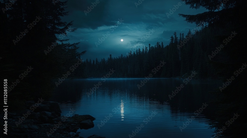 Moonlit lake, dark forest, serene night. Moonlit lake, dark forest, serene night.