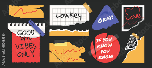 Tape paper torn wrinkles notebook, stickers, tags, labels template. Y2k gen z and millenials slang quotes
