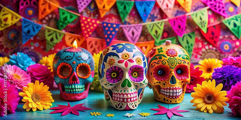 Colorful Sugar Skulls Surrounded by Vibrant Paper Flowers with Hands Detailing for a Festive Celebration Colorful Sugar Skulls Surrounded by Vibrant Paper Flowers with Hands Detailing for a Festive Celebration