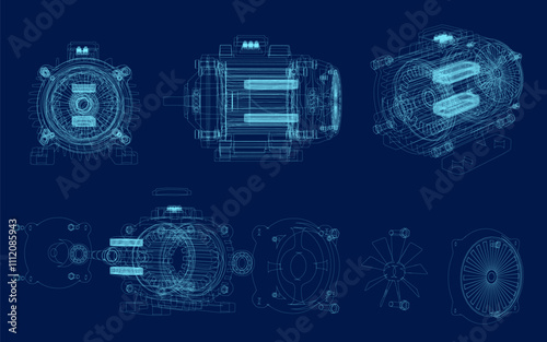 Electric generator motor wireframe. Vector illustration 3d isometric. Creative illustration design, idea for infographics.