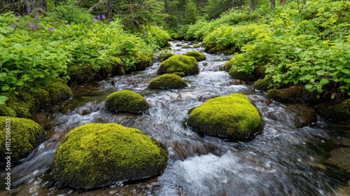 Sun-dappled stream weaving around mossy boulders, surrounded by dense, vibrant greenery and wildflowers in a serene forest setting, stream boulders mossy