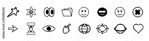 Simple pixel set with black elements like hearts, cursors, and stars, capturing a vintage retrowave feel for digital screen and interface designs.