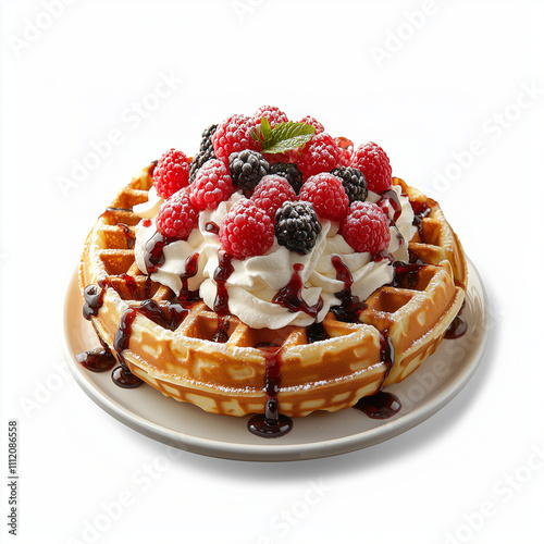 Berry Bliss Waffle: Indulge in the delightful image of a golden waffle generously topped with fresh raspberries, blackberries, whipped cream, and a rich chocolate sauce.