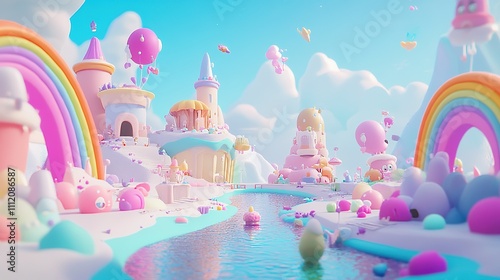 Whimsical candy-themed landscape with castles, rainbows, and cute creatures.