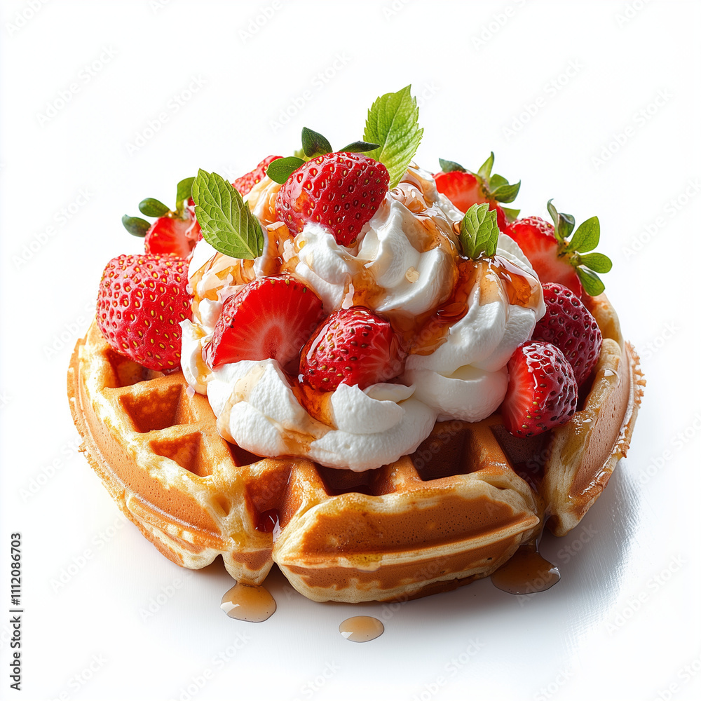 Freshly Baked Waffle Bliss: A golden waffle, adorned with a generous dollop of whipped cream, fresh strawberries, and a drizzle of maple syrup. Freshly Baked Waffle Bliss: A golden waffle, adorned with a generous dollop of whipped cream, fresh strawberries, and a drizzle of maple syrup.