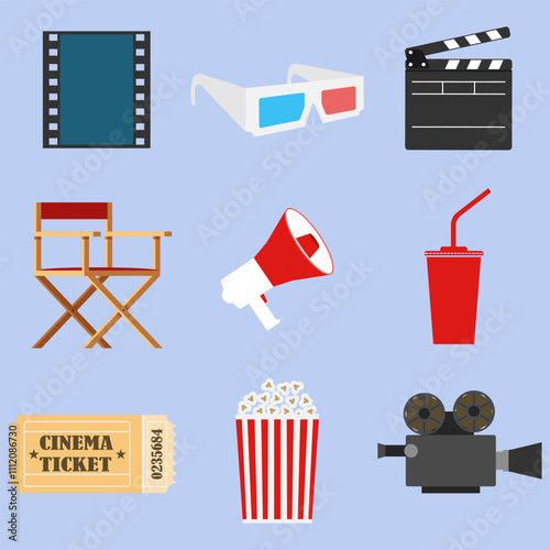 Cinematography, cinema attributes, popcorn, film strip, loudspeaker, director's chair, movie camera. Vector, designer illustration.