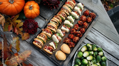 A modern Thanksgiving appetizer platter featuring sliders, crostinis, and brussels sprouts on a rustic wooden table adorned with autumn decor photo