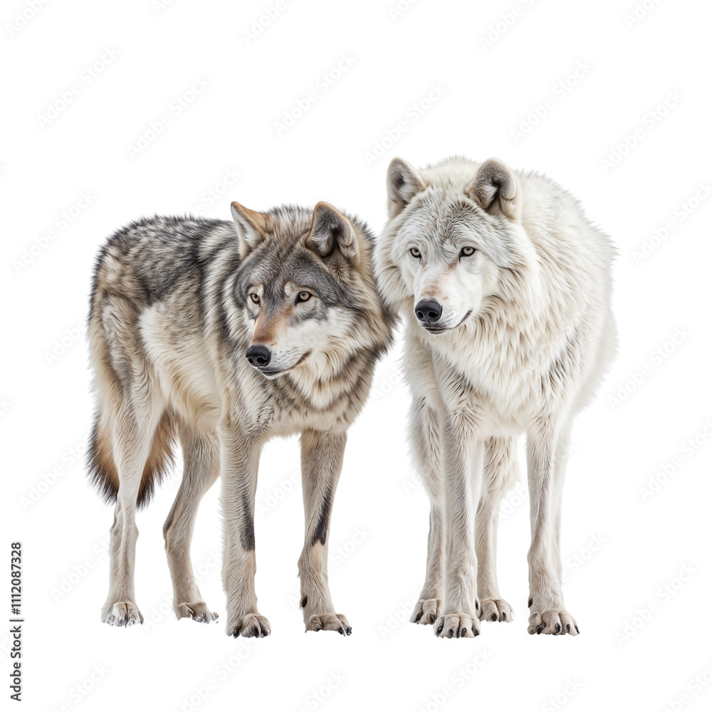 Obraz premium A grey wolf standing next to a white arctic wolf isolated on a transparent background