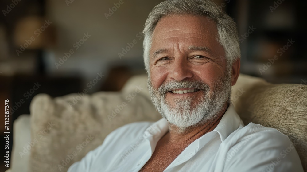 Close-up portrait of a smiling gray-haired senior man at home, sitting on a sofa in a white shirt and with a beard, smiling at the camera Close-up portrait of a smiling gray-haired senior man at home, sitting on a sofa in a white shirt and with a beard, smiling at the camera