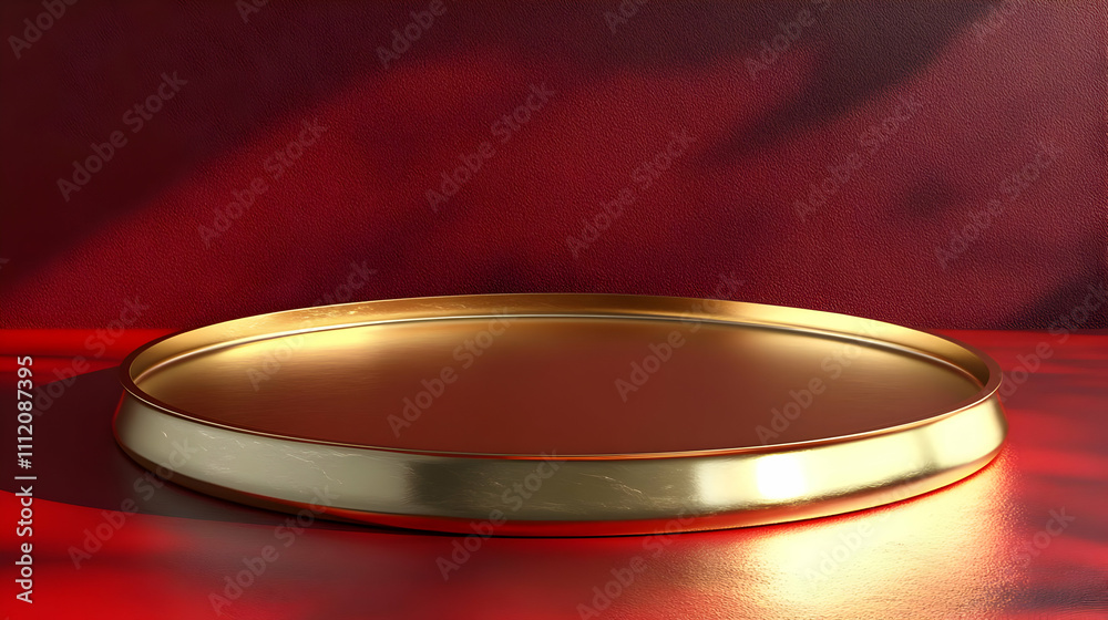 Golden Round Pedestal 3D Render on Red Background Golden Round Pedestal 3D Render on Red Background
