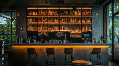 A sleek modern bar counter with high stools, the backlit shelves offering ample space for drink recipes or branding.