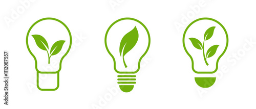 A clean vector icon of a light bulb with a green leaf, representing organic energy, environmental health, and sustainable practices, ideal for eco conscious branding.