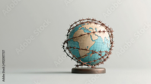 Travel restrictions and visa concept Globe encircled by barbed wire symbolizing restriction and conflict.