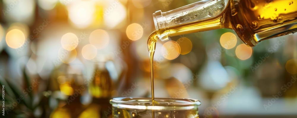 Golden Olive Oil Being Poured from a Glass Bottle. Golden Olive Oil Being Poured from a Glass Bottle.