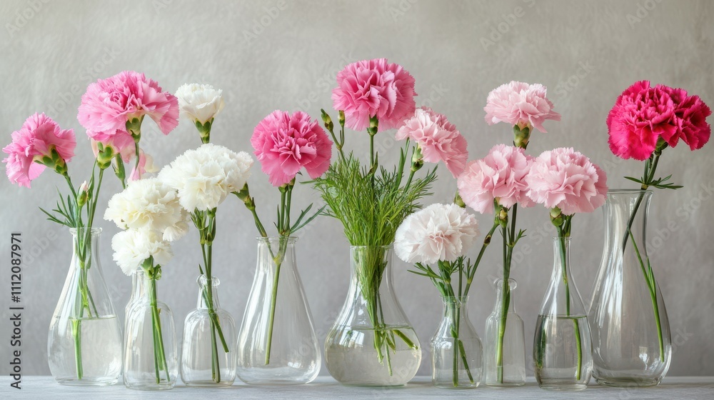 Colorful arrangement of pink and white carnation flowers in various glass vases on a simple background Colorful arrangement of pink and white carnation flowers in various glass vases on a simple background