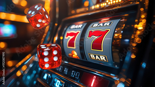 Exciting moment at a casino with a slot machine showing sevens and dice rolling in the air. Generative AI
