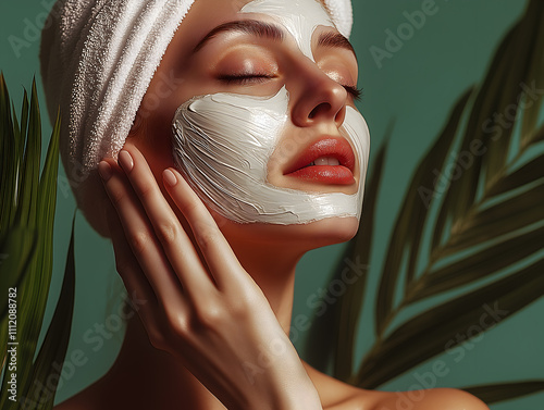 A close-up image of a woman receiving a facial treatment in a beauty salon. A beautician applies a cream mask to her face, with gloves on, providing skincare and rejuvenation in a soothing environment photo