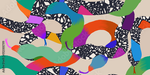 Exotic vibrant hand drawn snakes pattern. Dynamic tropical print. Fashionable template for design. 