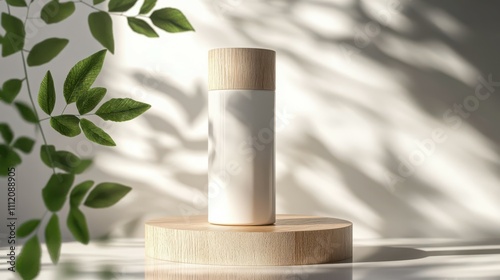 Cosmetic bottle container with green leave and wood.