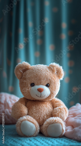 Adorable teddy bear on a cozy bed with a teal polka-dot curtain background. Soft lighting highlights its fluffy texture, creating a warm and comforting atmosphere, perfect for children's decor or gift
