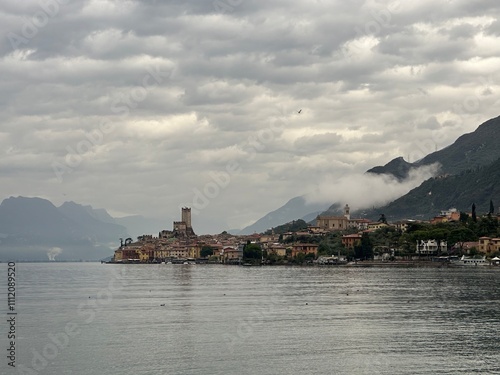 Malcesine town on the shore of lake Garda under the Italian Alps, Veneto, Italy, October 2023