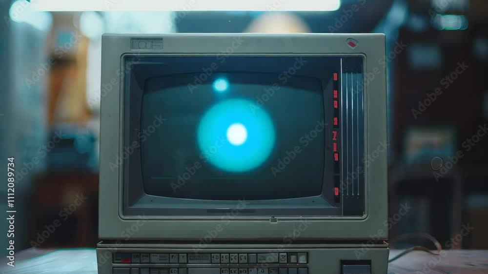 Vintage Retro TV Screen is turning on with a round light on it. The 70s, 80s style television. Bad TV signal transmission. 