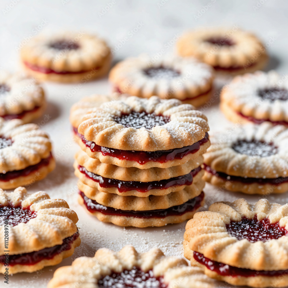 Stack of Linzer Cookies with Raspberry Jam and Powdered Sugar Stack of Linzer Cookies with Raspberry Jam and Powdered Sugar