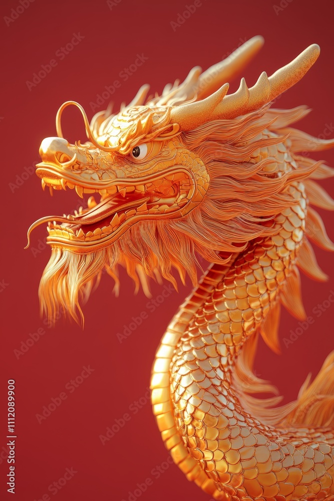 Majestic Golden Chinese Dragon Head on Red Background, a Symbol of Power and Good Fortune