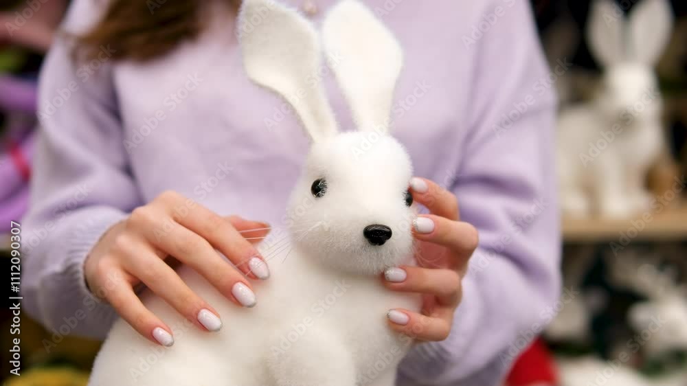 White fluffy rabbit toy with long ears, black nose and eyes on soft artificial snow with tiny blue-colored fairy lights garland. Cute christmas decoration in warm holiday winter atmosphere. White fluffy rabbit toy with long ears, black nose and eyes on soft artificial snow with tiny blue-colored fairy lights garland. Cute christmas decoration in warm holiday winter atmosphere.