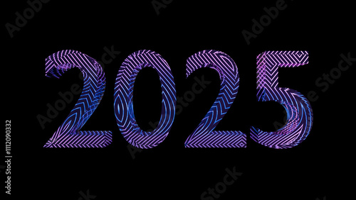 3D transparent glass text "2025" with smooth pink, blue and purple (violet) curved lines (wires, snakes) passing through it on a black background, 3D render illustration