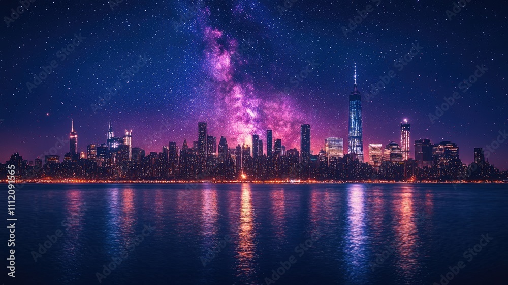 Fototapeta premium A stunning night skyline of a city under a vibrant Milky Way backdrop.