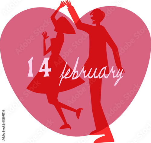  dance in heart man and women, silhouette, 14 february text, couple dansing, vintage card, valentise day, silhouette of a person with a heart