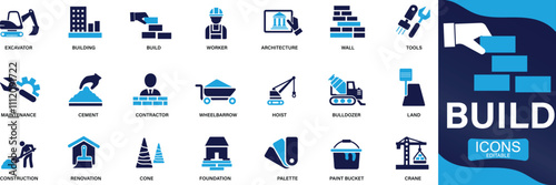  Build and construction icon set. crane, building, land, excavator, maintenance, contractor, worker, You can easily change the color.