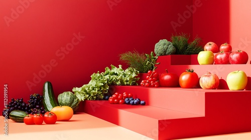 background with podium slightly to the right for quercetin with following decoration: Apples, Currants, Blackberries , Blueberriess, Fennel, nuts, Citrus fruits, Tomatoes, Cabbage, Pepper, photo