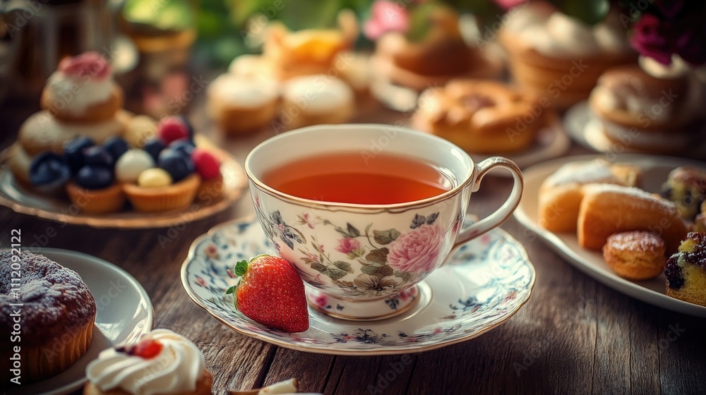 Elegant Teacup with Fresh Strawberries Surrounded by Desserts