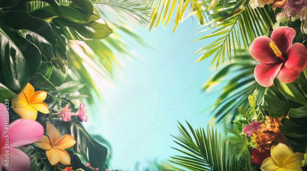 Naklejka premium A vibrant tropical-themed backdrop with lush green palm leaves, colorful exotic flowers, and a soft blue sky gradient in the background