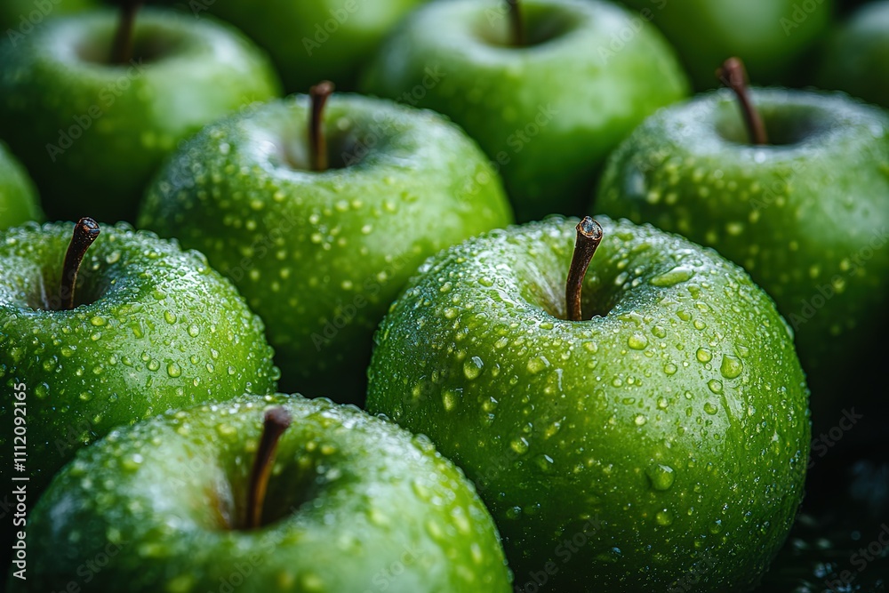Close-up of green apples with water droplets, fresh and juicy. Close-up of green apples with water droplets, fresh and juicy.